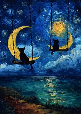 Cats on Moon Swings Painting