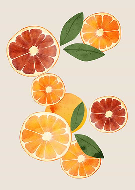 Watercolor Citrus Fruit and Leaves