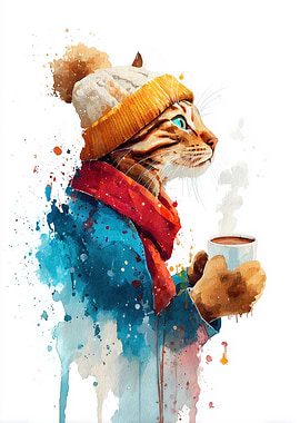 Watercolor Cat in with Coffee in Winter