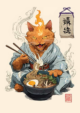 Cat Samurai Eating Ramen