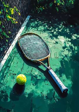 Tennis Racket and Ball on Court