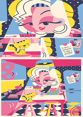 Stylized Kitchen Scene with Blonde Woman