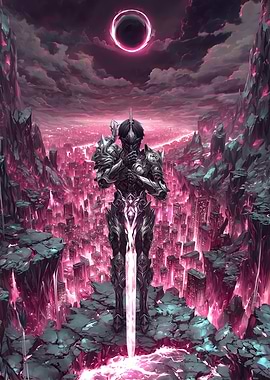 Armored Knight Overlooking Pink Cityscape