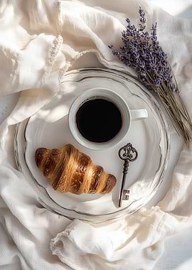 French Croissant, Coffee, and Lavender on White
