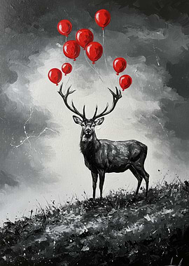 Deer with Red Balloons Painting