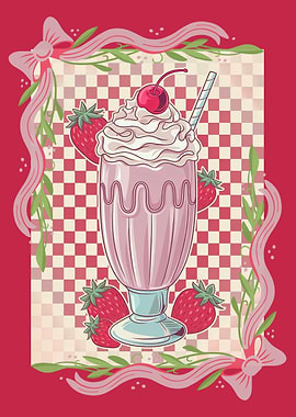 Strawberry Milkshake with Cherry Topping Retro