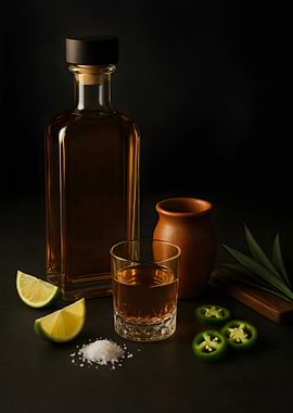 Tequila Still Life with Lime and Jalapenos