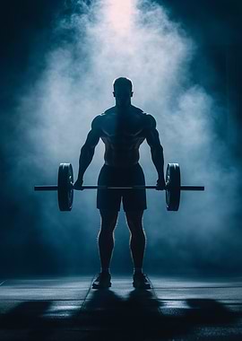 Silhouette of Weightlifter with Barbell in Smoky Gym
