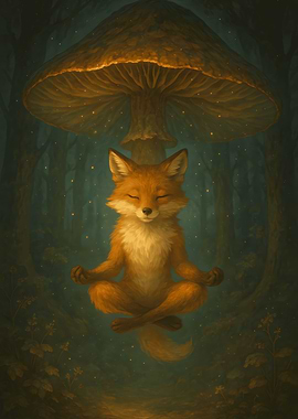 Meditating Fox Under Mushroom Canopy
