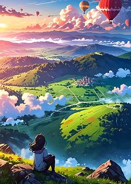 Anime Girl Overlooking Mountain Landscape