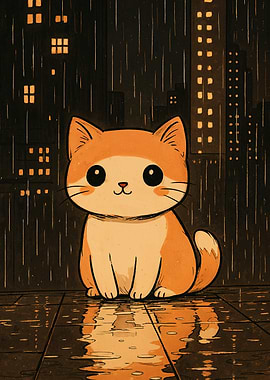 Cute Cat in Rainy Cityscape