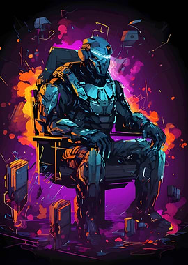 Cyberpunk Warrior on Throne