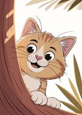 Cartoon Cat Peeking from Tree