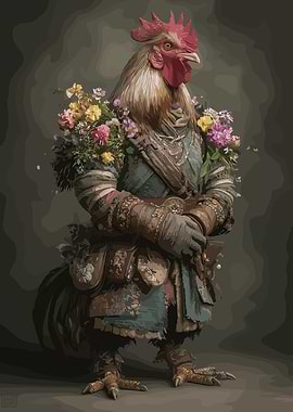 Anthropomorphic Rooster in Armor with Flowers