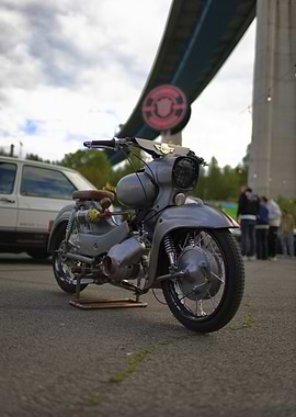 Custom Gray Motorcycle Under Bridge