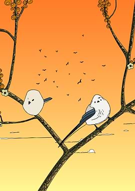 Birds on Branch at Sunset