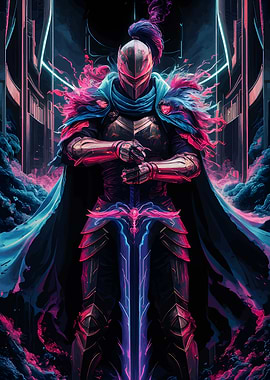 Cyberpunk Knight with Neon Sword