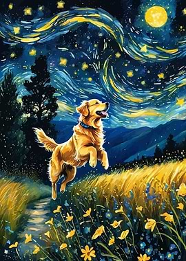 Golden Retriever in Starry Night Landscape