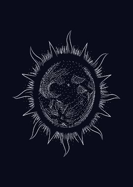 White Sun Drawing on Black Background