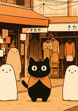 Black cat with ghosts in town