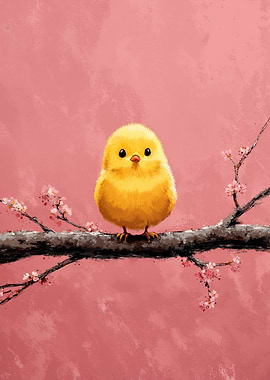 Cute Yellow Chick on Blossoming Branch