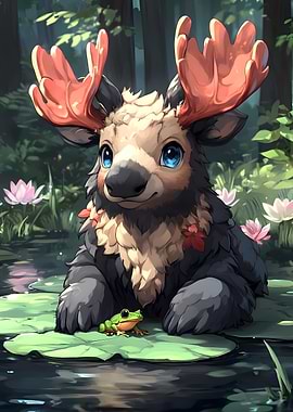 Cute Moose and Frog in Pond