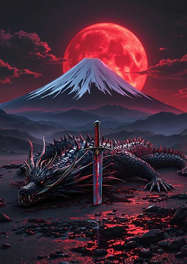 Dragon, Sword, and Red Moon Landscape