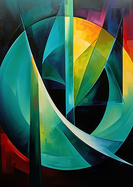 Abstract Geometric Painting with Teal and Yellow