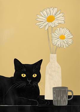 Black cat with daisies illustration