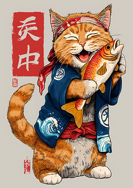 Happy Cat Chef with Fish