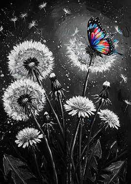 Dandelions and Butterfly Black and White