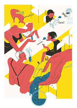 Science Class Illustration with People and Cat