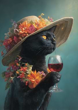 Elegant Black Cat with Wine