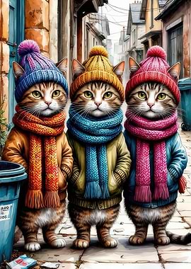 Three Cats in Winter Outfits
