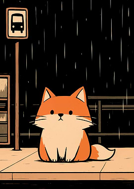 Fox waiting at bus stop in rain