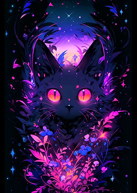 Neon Cat in Floral Galaxy