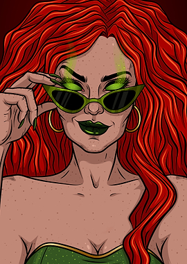 Red-haired woman with green sunglasses