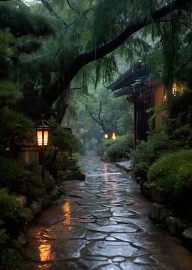 Rainy Japanese Garden with Lanterns