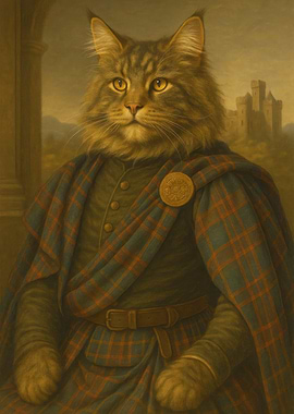 Scottish Cat Portrait with Castle - Majestic Maine Coon Scottish Laird Portrait