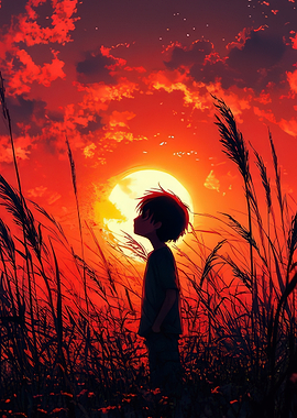 Boy Gazing at Sunset in Field