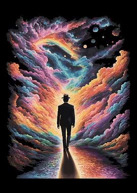 Man Walking Through Colorful Galaxy of Clouds