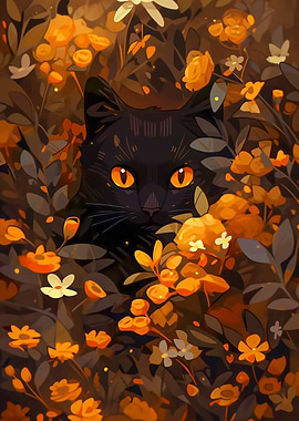 Black Cat in Golden Flowers