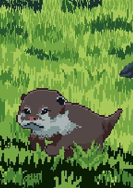 Pixel Art Otter in Green Grass