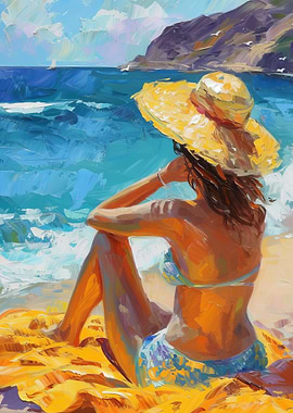 Woman in Hat at Beach Painting