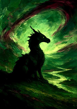 Abstract Fantasy #50 - Emerald Dragon in a Green Landscape