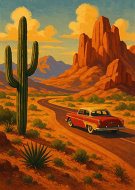 Desert Road Trip with Classic Car