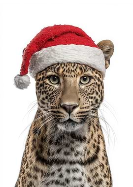 Leopard wearing a Santa hat