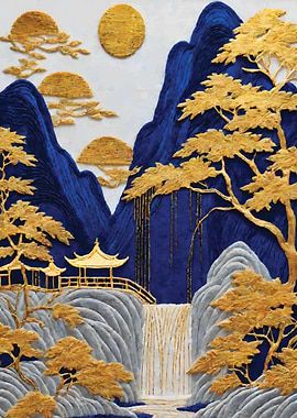 Golden Asian Landscape with Waterfall