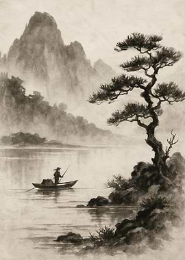 Serene Fisherman in Asian Landscape Painting