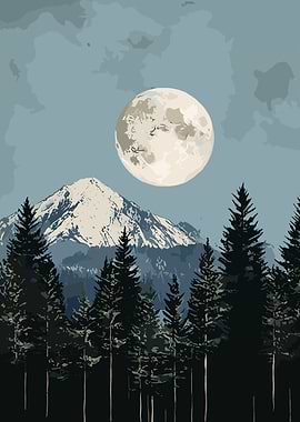Mountain, Forest, and Moon Landscape Art
